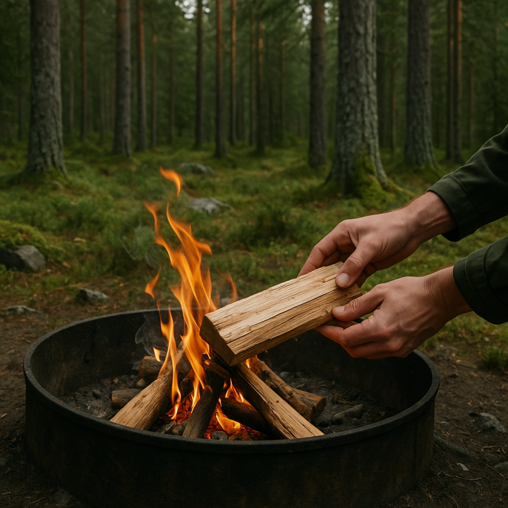 En person lägger ved på en brasa i en eldstad ute i skogen.