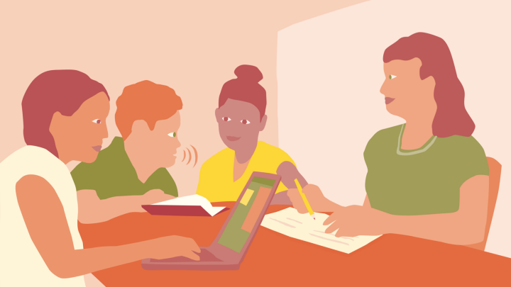 Illustration av tre elever och en vuxen. En elev jobbar med en laptop, läser högt eller pratar och den tredje lyssnar. Den vuxna lyssnar och skriver i en bok.