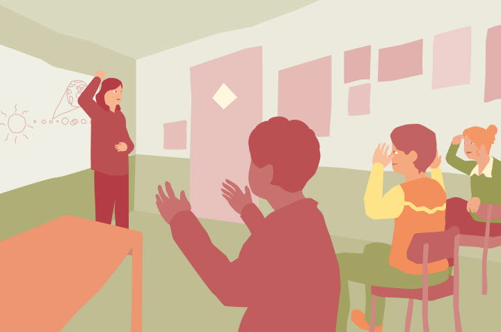 Illustration av tre elever som deltar i en teckenspråksundervisning.