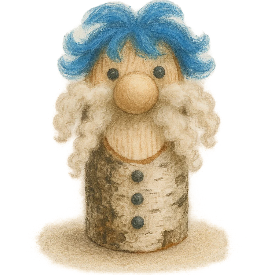 Bild på träfigur med blått hår och långt skägg