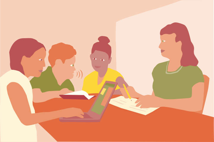 Illustration av en klassrumssituation. Fyra personer runt ett bord. En vid dator, en med papper och penna och två som pratar.
