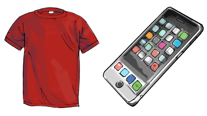 Illustrationen visar en röd t-shirt till vänster på bilden. Till höger är det en upplåst smarttelefon som visar olika appar. 