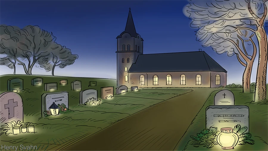 En kyrkogård och en kyrka
