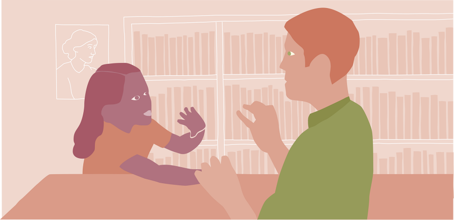 Illustration av ett barn och en vuxen som pratar teckenspråk med varandra.