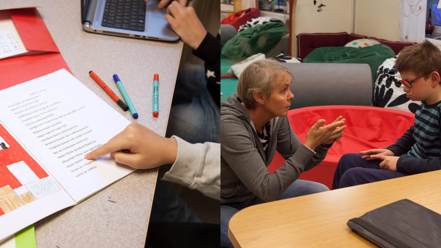 Två bilder som visar ämnesområdet Kommunikation på olika sätt. Bilden till vänster visar en hand som pekar mot en text och en teckning. Bilden till höger visar ett samtal mellan en medarbetare och en elev.