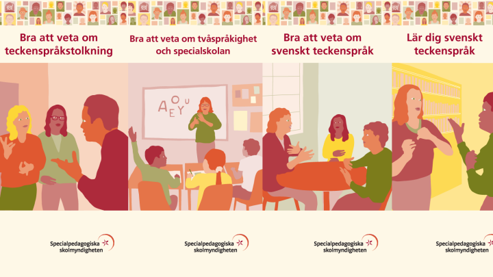 Illustrationen visar framsidorna på informationsfoldrarna om tvåspråkighet och svenskt teckenspråk