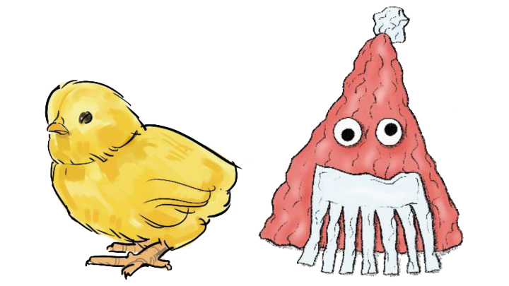 Illustration av en kyckling och en tomte