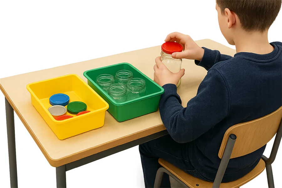 Pojke testar vilka lock som passar till en burk.