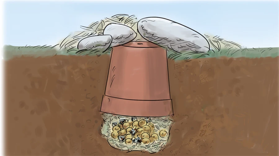 En illustration i genomskärning av jorden där en blomkruka grävts ner upp och ner. 