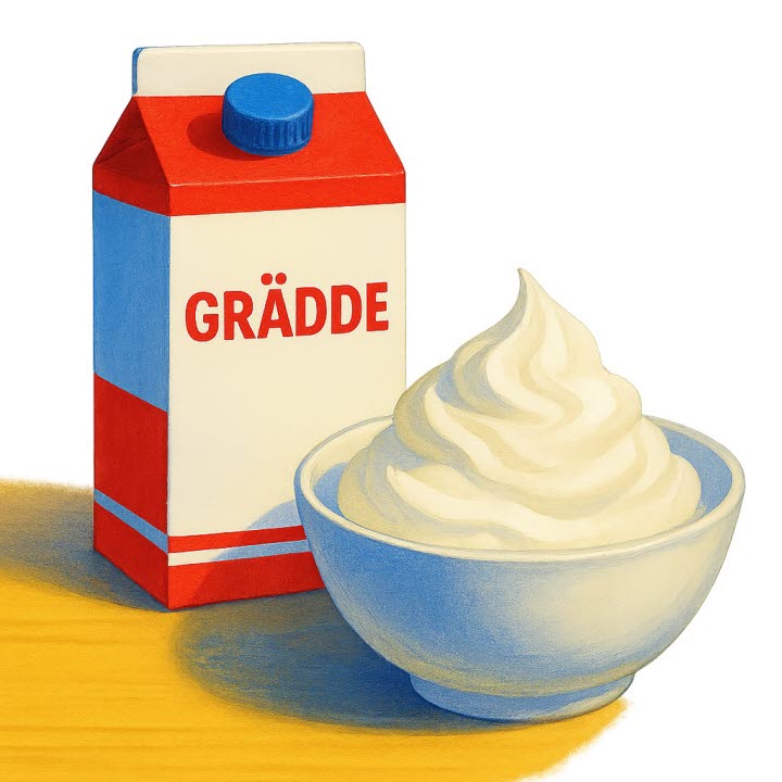 En förpackning grädde bredvid en skål med vispad grädde.