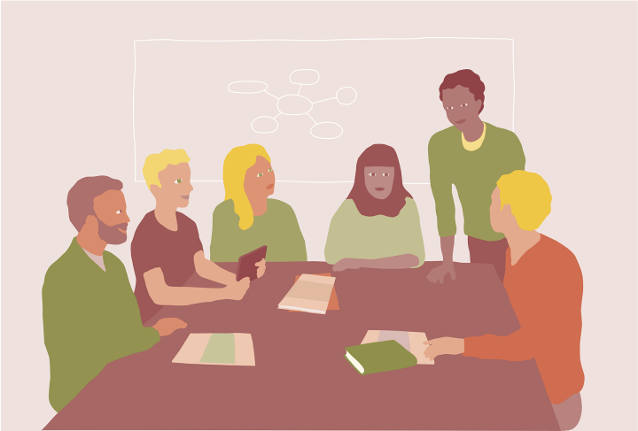 Illustration av sex personer runt ett bord som diskuterar.