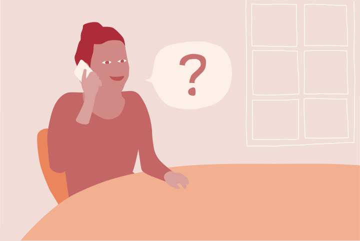 Illustration av en person som sitter med en telefon mot örat. Bredvid personen ser vi en pratbubbla med ett frågetecken i.