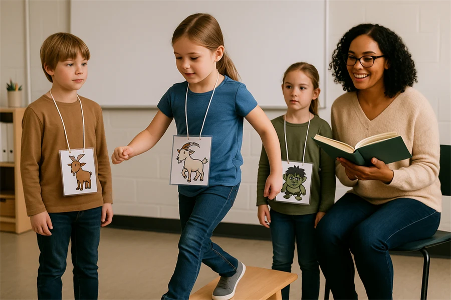 Barn i klassrum som dramatiserar en saga