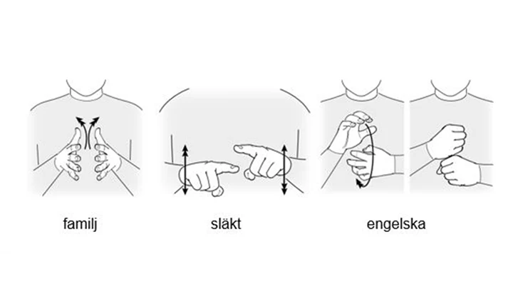 Teckenbilder på familj, släkt och engelska.