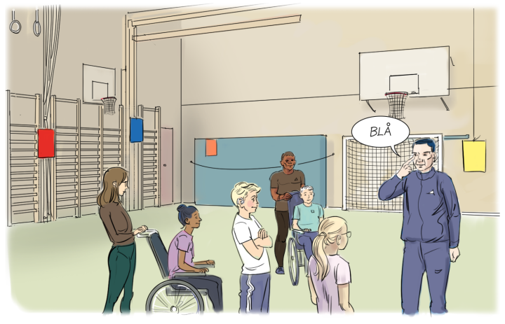 Elever i en idrottssal med färgade lappar uppsatta på väggarna. En lärare som säger blå.