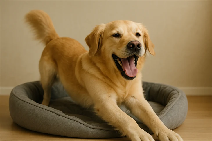 En golden retriever som vaknar och sträcker på sig.