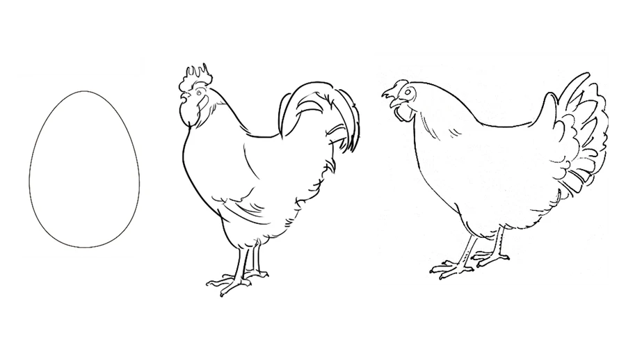 Illustration av ett ägg, en höna och en tupp