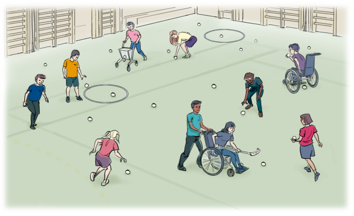 Barn i en idrottssal och bollar över golvet.