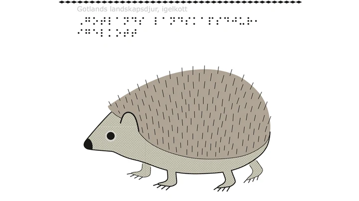 Ovanför den illustrerade igelkotten står en text i punktskrift.
