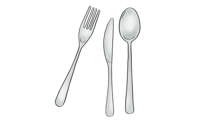 Illustration av en gaffel, en kniv och en sked.