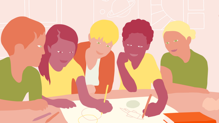 Illustration av fem elever som sitter tillsammans och ritar.