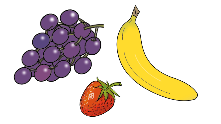 Illustration av vindruvor, jordgubbe och banan