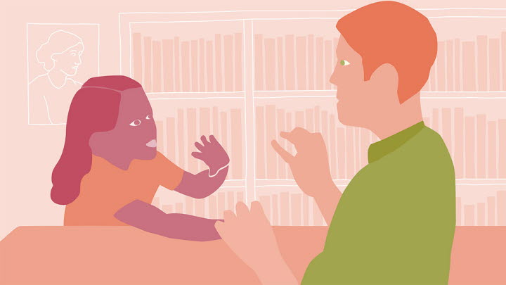 Illustration av ett barn och en vuxen person som talar teckenspråk med varandra.