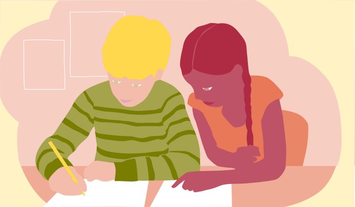 Bilden visar en illustration av två elever som arbetar tillsammans och skriver på ett papper.