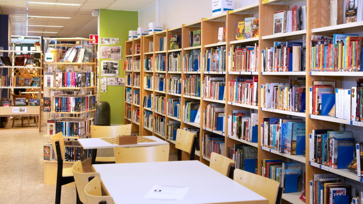 Bilden visar ett skolbibliotek.