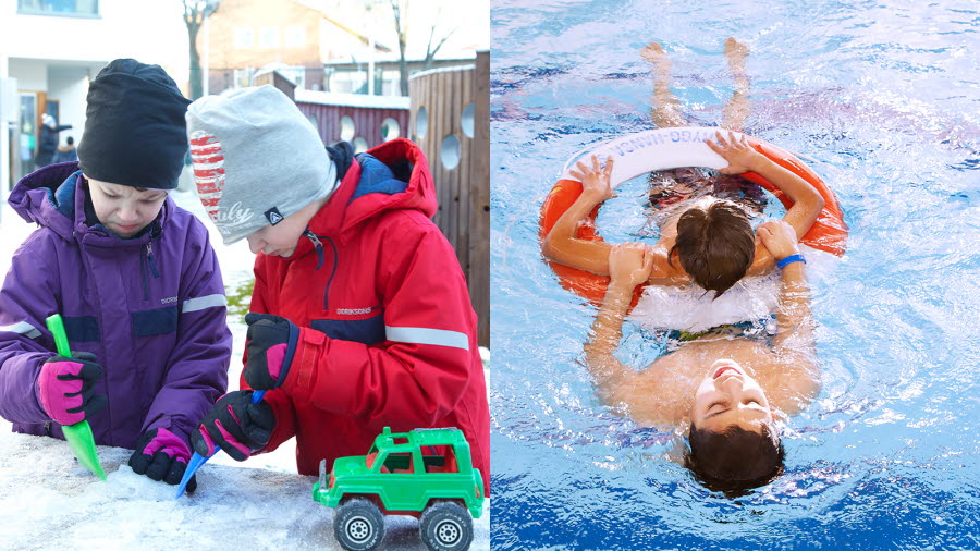 Bilderna symboliserar ämnesområdet Motorik. Två elever som leker med snö på en skolgård på samt två elever som simmar i en simhall med hjälp av en livboj.