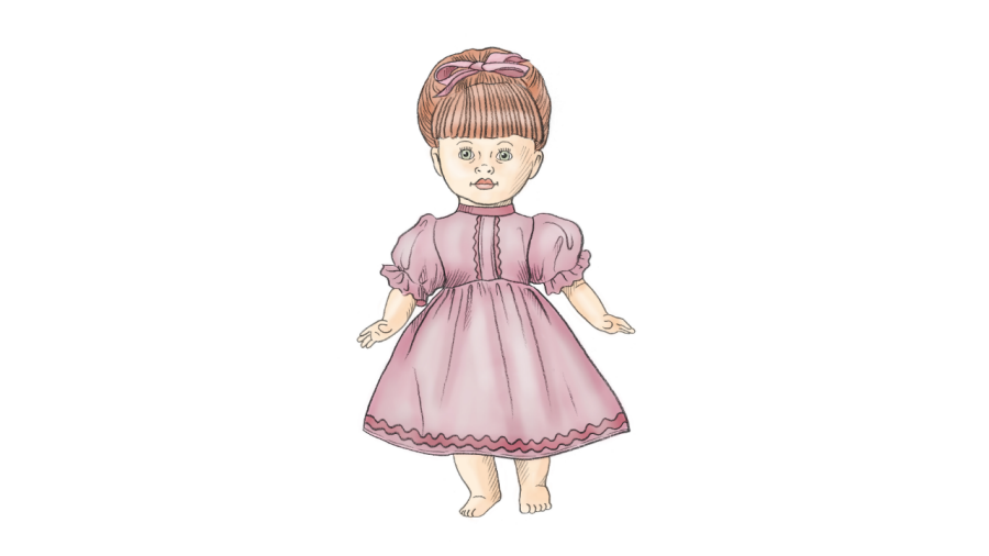 Illustration av en docka med rosa klänning.
