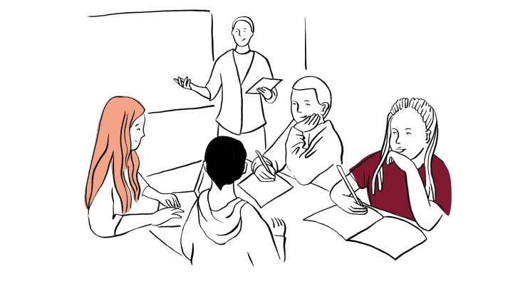 Illustration av elever och lärare vid ett bord. En elev har surfplatta och hörlurar.
