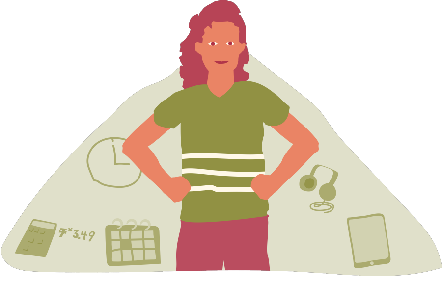 Illustration av en person som står med händerna i sidorna. I bakgrunden syns bilder på en klocka, hörlurar, pekplatta, schema, miniräknare och mattetal.