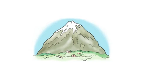Illustration av ett högt berg med snö på toppen.