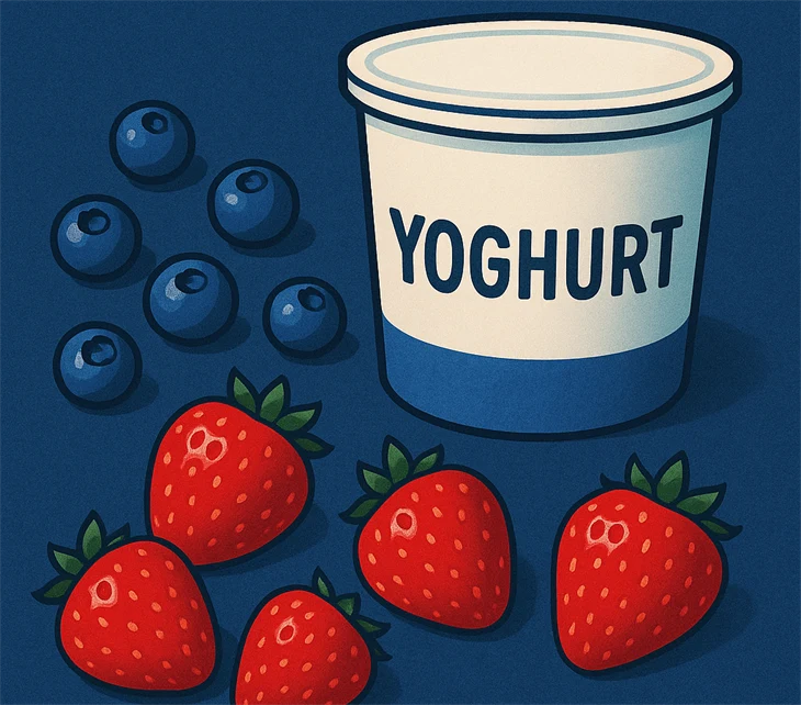 En burk yoghurt med texten ”YOGHURT” bredvid jordgubbar och blåbär.