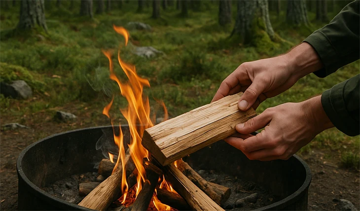 En person lägger ved på en brasa i en eldstad ute i skogen.