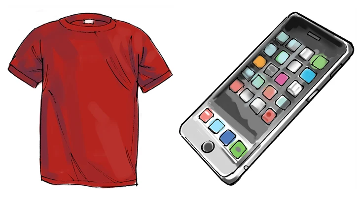 Illustrationen visar en röd t-shirt till vänster på bilden. Till höger är det en upplåst smarttelefon som visar olika appar. 