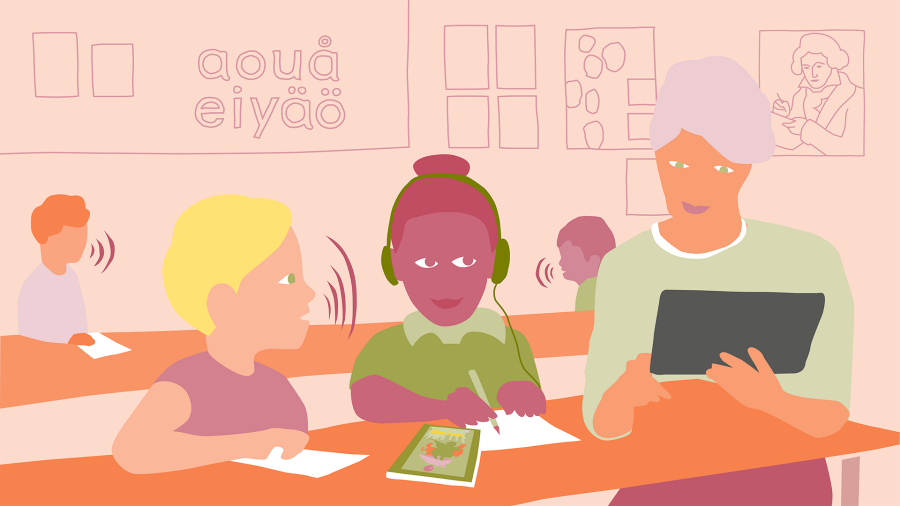 Illustration: Ett klassrum. En elev siter och pratar, en flicka sitter och lyssnar i hörlurar och en lärare visar något på en surfplatta.