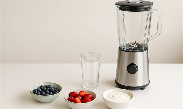 En mixer står på ett bord bredvid ett glas och skålar med yoghurt, jordgubbar och blåbär.
