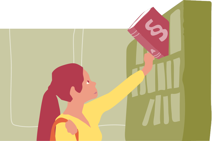 Illustration av en ung kvinna som tar ner en tjock bok med ett paragraftecken från en bokhylla.