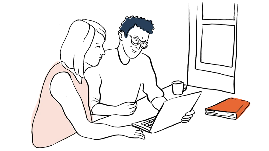 Illustration: De två vuxna sitter vid ett bord och tittar på en uppfälld laptop. Bredvid på bordet står en kopp och en orange bok.