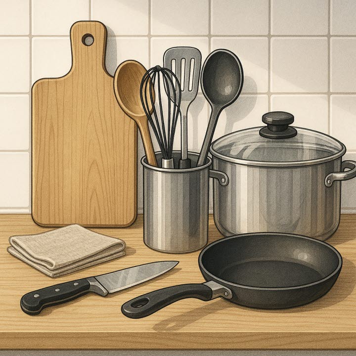 Olika köksredskap på en bänk, bland annat skärbräda, kastrull, stekpanna och kniv.