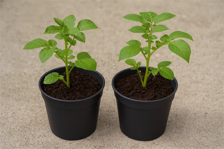 Två små potatisplantor växer i varsin svart kruka med jord.