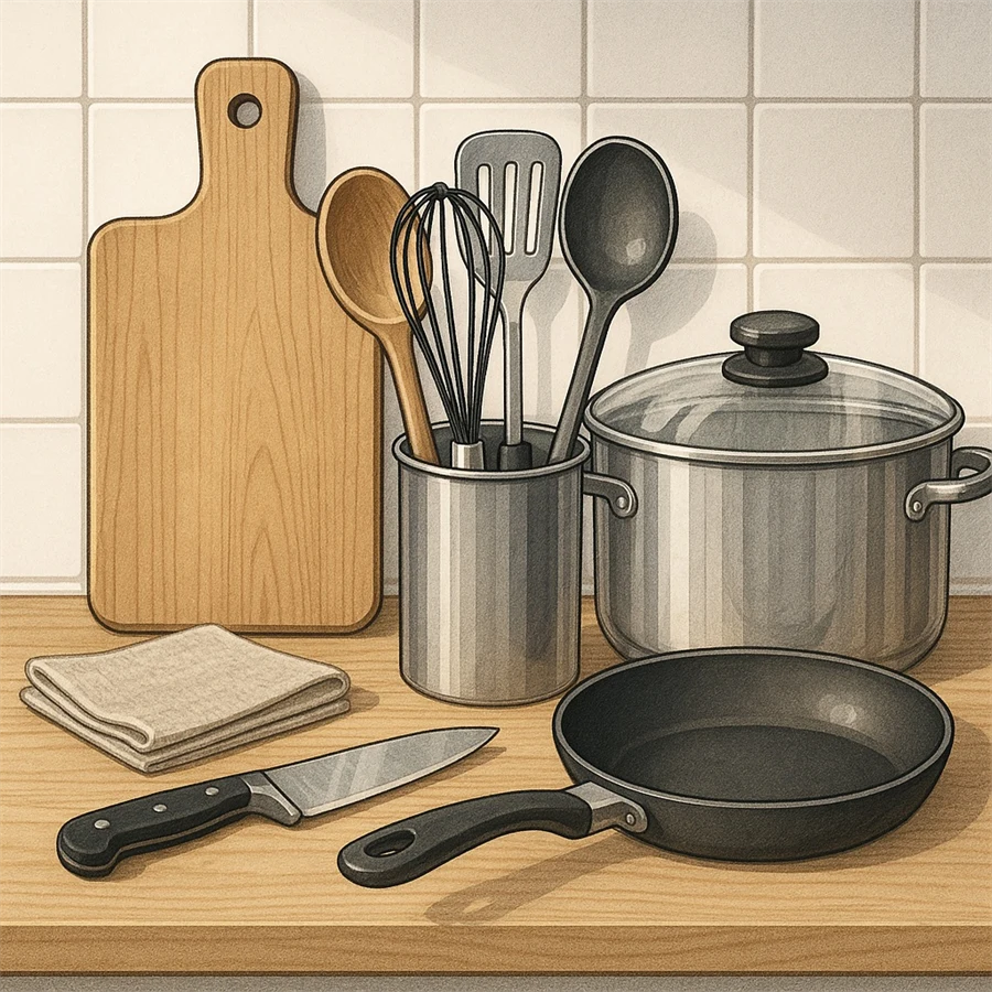 Olika köksredskap på en bänk, bland annat skärbräda, kastrull, stekpanna och kniv.