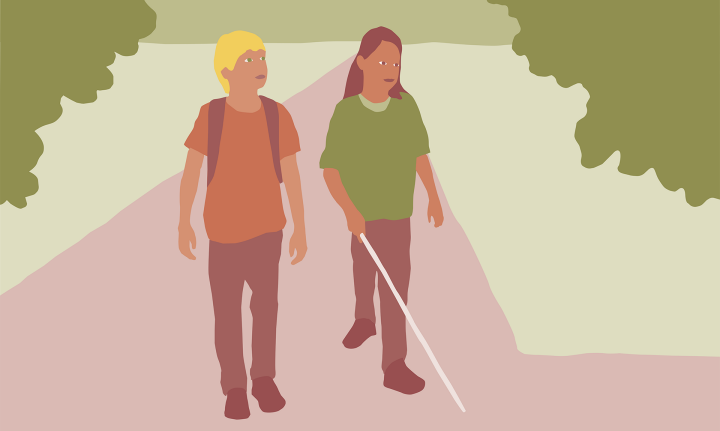 Illustrationen visar två elever som går tillsammans. En av dem bär en blindkäpp.
