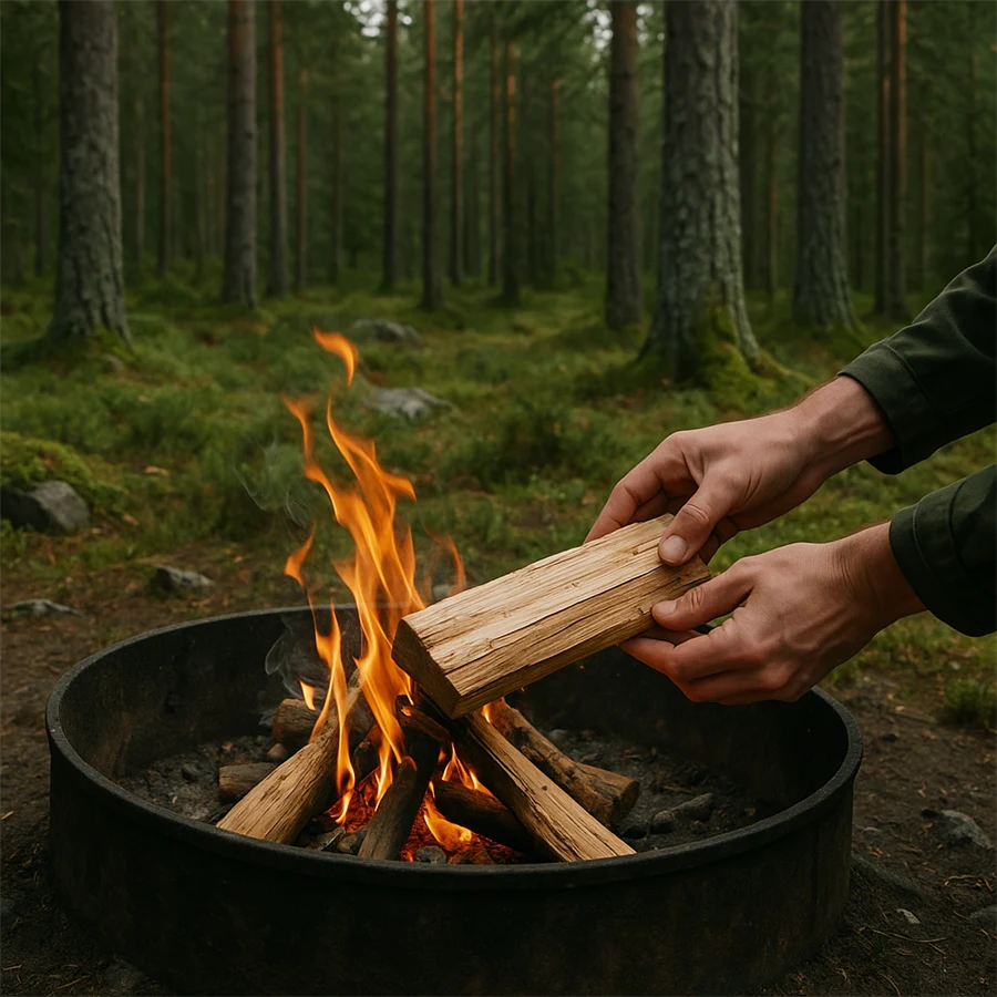 En person lägger ved på en brasa i en eldstad ute i skogen.