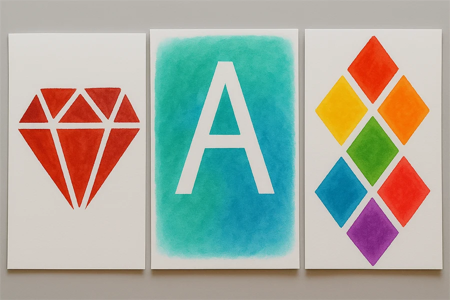 Bild på tre tavlor som är målad med hjälp av maskeringstejp