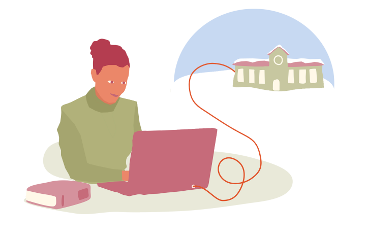 Bilden visar en illustration av en kvinna som arbetar på distans med hjälp av en bärbar dator.
