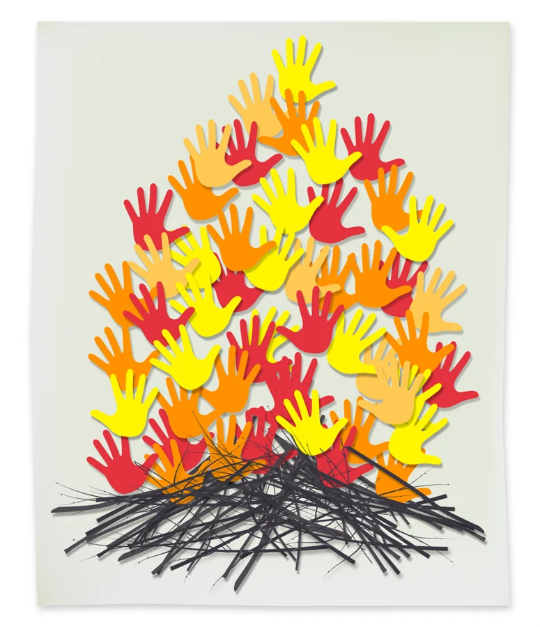 Ett kollage med pinnar i botten och papper i gult, orange och rött som som klippts till formen av händer och tillsammans ger intryck av eld.