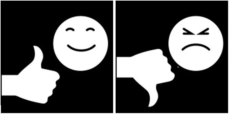pictogram som visar tumme upp och tumme ner med glad respektive arg gubbe.
